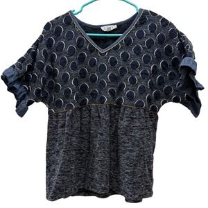THML‎ Womens Medium Blue Polka Dot Textured V Neck Ruffle Sleeve Sweater Top